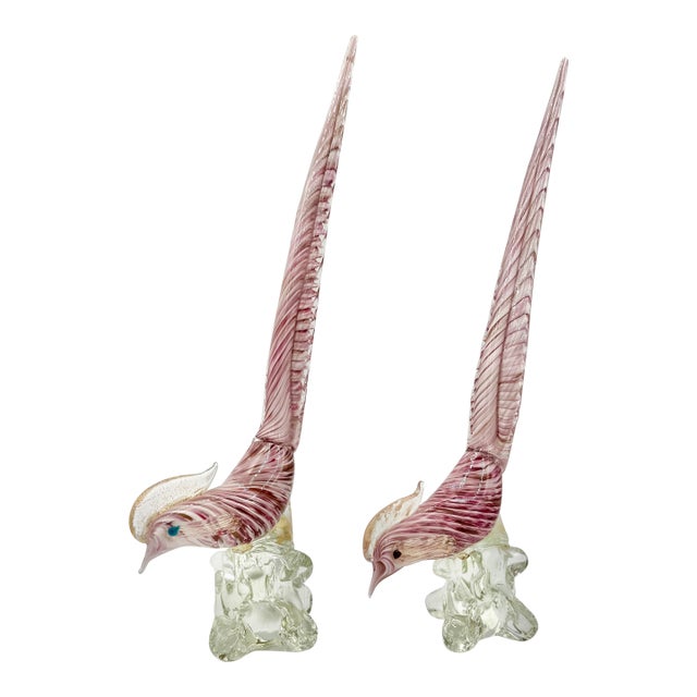 Pair of Vintage Italian Murano Pink Blown Glass Pheasant-Form Bird Sculptures For Sale