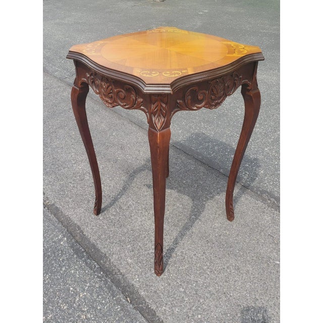 French Pair of French Empire Style Carved Walnut and Marquetry Side Tables For Sale - Image 3 of 8