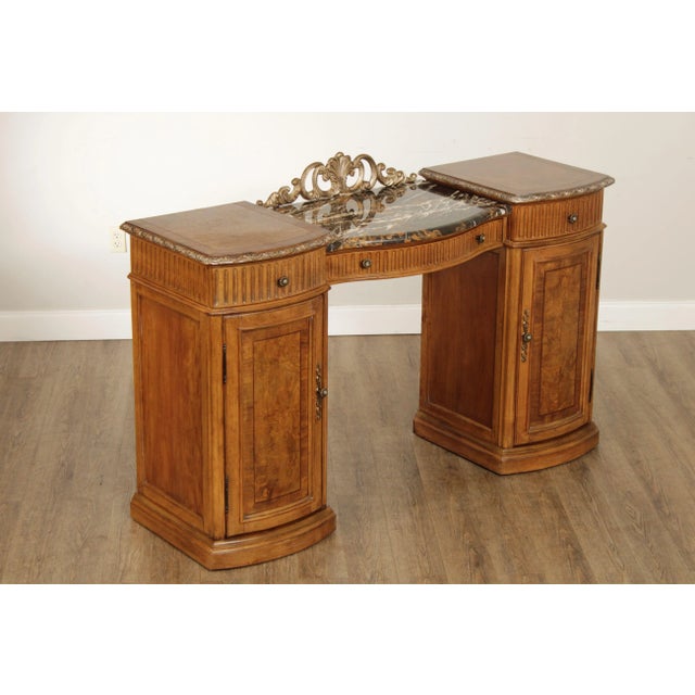 High Quality French Style Burl Wood Sideboard with One Drawer Bridge Supporting Marble Top, Gilt Metal Backsplash
