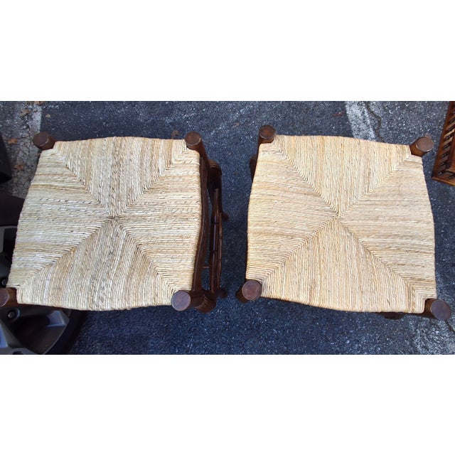 French Late 20th Century Pair Louis XV Style Carved Mahogany and Rush Seat Counter Stools, a Pair For Sale - Image 3 of 6