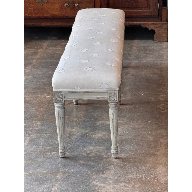 Wood Mid 20th Century Louis XVI Painted Bench With Embroidered Linen Seat For Sale - Image 7 of 8
