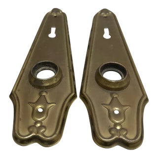 Pair of Antique Art Deco Brass-Plated Door Backplates With Keyholes, C. 1930 For Sale