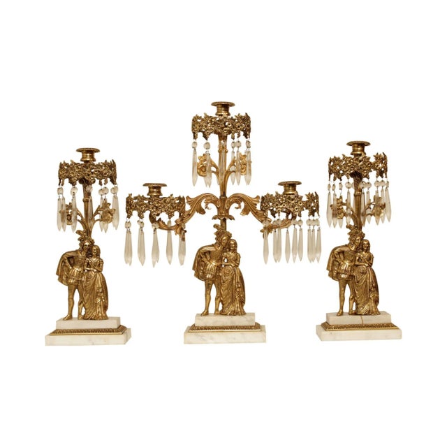 Antique Victorian Brass Marble Base Girandole Candelabra - 3 Pieces For Sale - Image 13 of 13