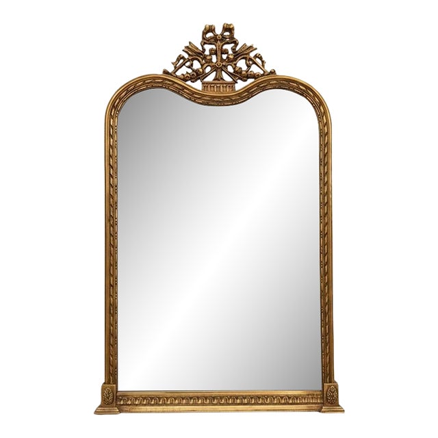 French Neoclassical Giltwood Wall Mirror With Carved Ornate Crest For Sale