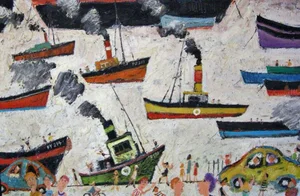 Simeon Stafford Newlyn Harbour Cornwall: Contemporary Outsider Art Oil painting 2005