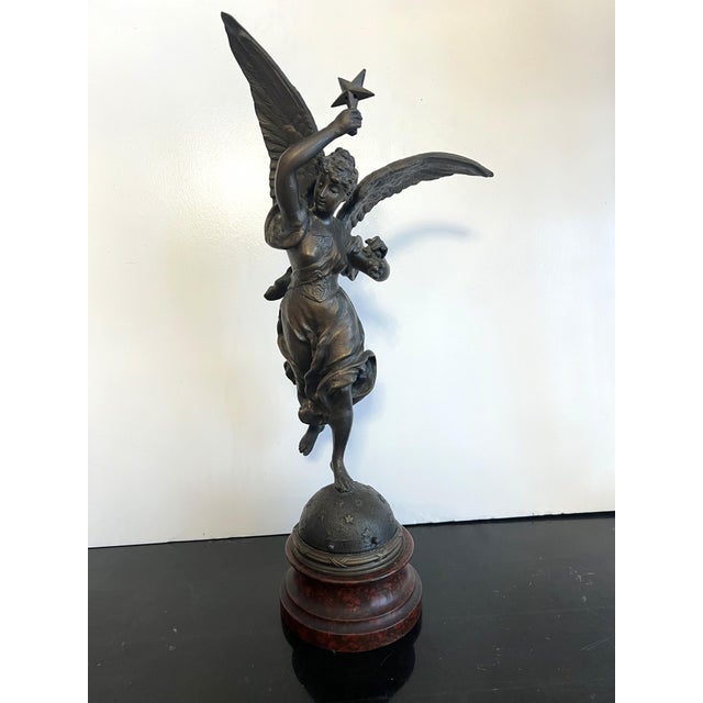 Early 20th Century Early 20th Century Bronze Statue "Stelle" Winged Woman Angel Standing on Stared Globe Signed Par Rousseau For Sale - Image 5 of 12