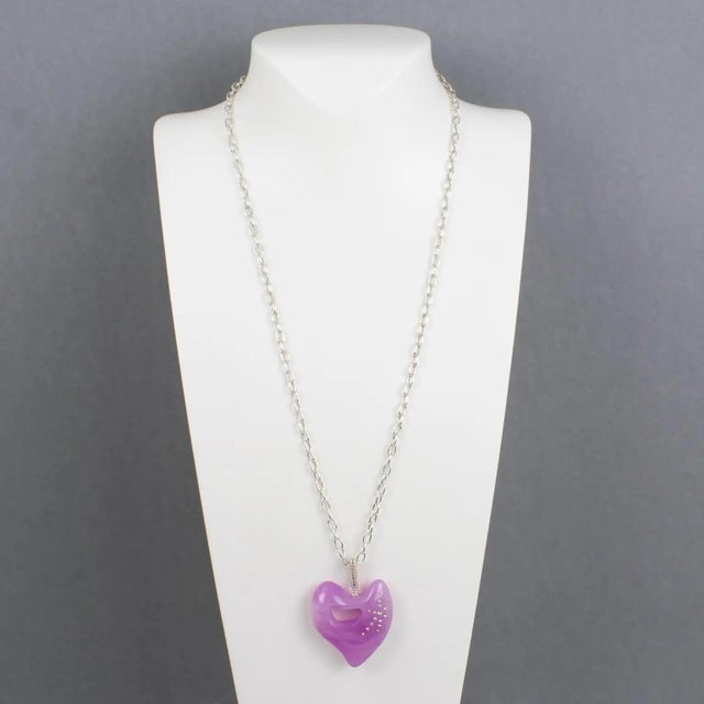 Christian Lacroix Silvered Metal Necklace with Lavender Resin Heart Pendant For Sale In Atlanta - Image 6 of 11