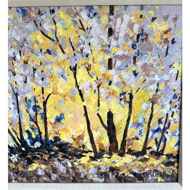 Yellow Late 20th Century Autumn Trees Original Oil Painting Artist Signed Vuckovic For Sale - Image 8 of 10