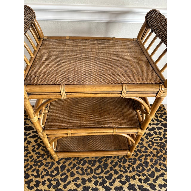 Vintage Ficks Reed Style Rattan, Wicker & Cane Shelf Etagere With Leather Bindings For Sale - Image 9 of 17