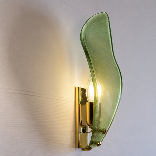 Modern Italian Sanded Green Leaf Murano Glass Wall Sconces, 4-Piece Set For Sale - Image 6 of 8