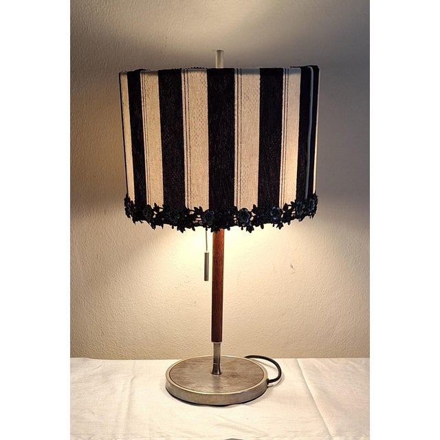 Mid-Century German Table Lamp with Metal Base, Teak Rod and Fabric Shade, 1960s For Sale - Image 12 of 12