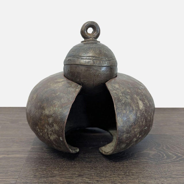 Rustic Cast Bronze Decorative Livestock Bell With Engraved Collar For Sale - Image 3 of 7