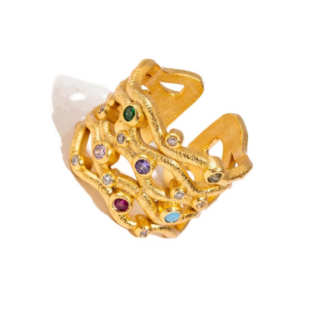 Eternal Waves Multi Gemstone Gold Statement Ring, Size 8 For Sale In Miami - Image 6 of 9