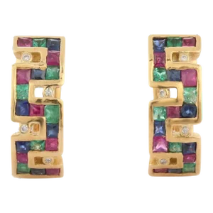 Greek Style 18k Gold Diamond Emerald Ruby & Sapphire Stud Earrings- 2 Pieces