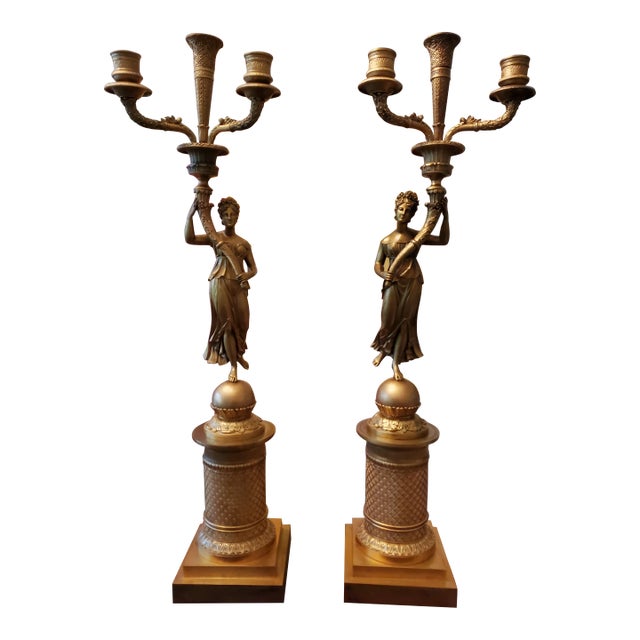 Antique French Empire Bronze Female Candelabras- a Pair For Sale