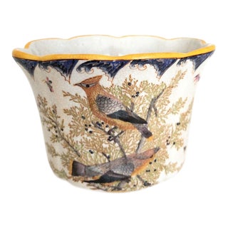 Vintage Italian Scalloped Edge Bird Stoneware Planter For Sale