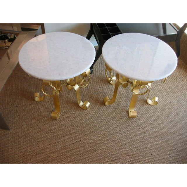 1960s Vintage Italian Gold Leaf Gilded Iron and Marble Top End or Side Tables 60's Pair of Restored For Sale - Image 5 of 11