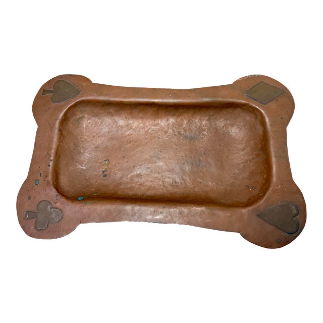Antique Hand Hammered Thick Copper Brass Playing Card Suits Symbols Tray Dish For Sale