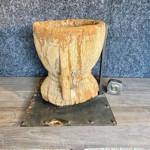 Antique Hand Carved Wood Mortar on Display Stand For Sale - Image 4 of 17
