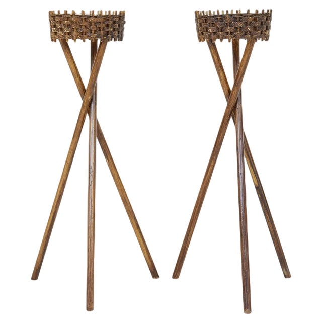 Mid 20th Century Woven Plant Stands, 1950s, Set of 2 For Sale