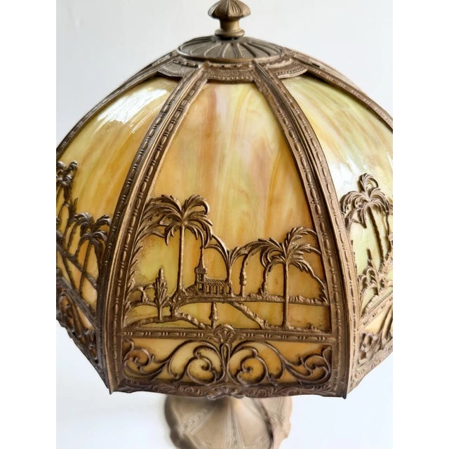 Antique Art Nouveau 8 Panel Slag Glass Lamp With Desert Scene Palm Trees, for Repair For Sale - Image 16 of 18