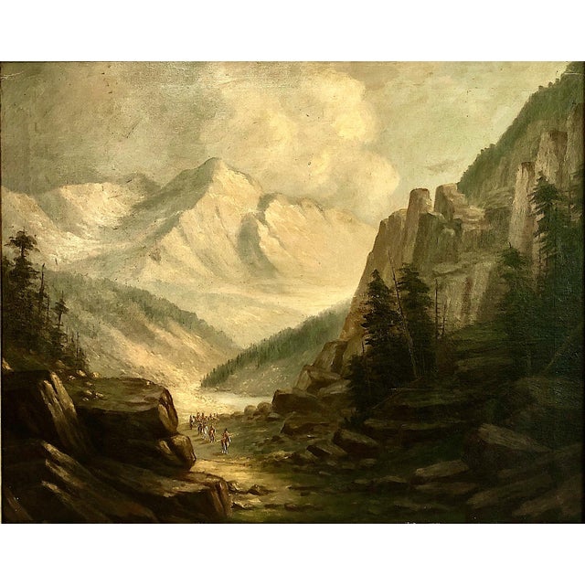 On offer is a well-preserved Luminist-style mountain landscape, with a pack train crossing a rocky, sunlit canyon toward a...