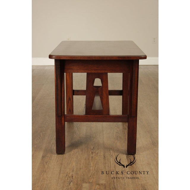 Antique Mission Oak Arts & Crafts Writing Desk With Drawer And Cutout Sides For Sale - Image 10 of 18