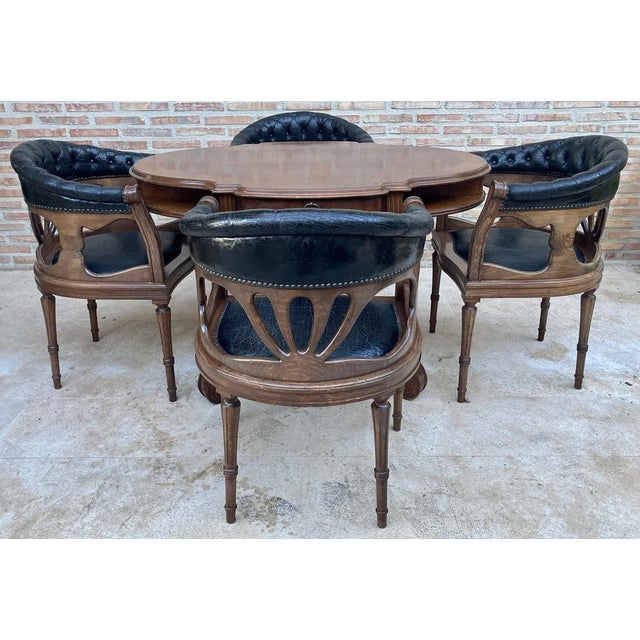 French Dining Armchairs in Leather and Walnut, 1950s, Set of 4 For Sale - Image 14 of 17