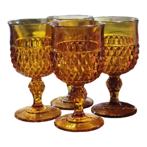 1960s Diamond Point by Indiana Glass Amber Water Goblets- Set of 4