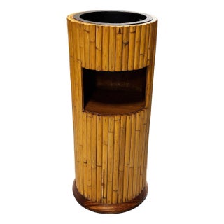 1950s Restored Paul Frankl Style Stacked Rattan Planter Stand W/ Cubby For Sale