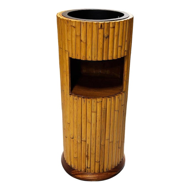 1950s Restored Paul Frankl Style Stacked Rattan Planter Stand W/ Cubby For Sale