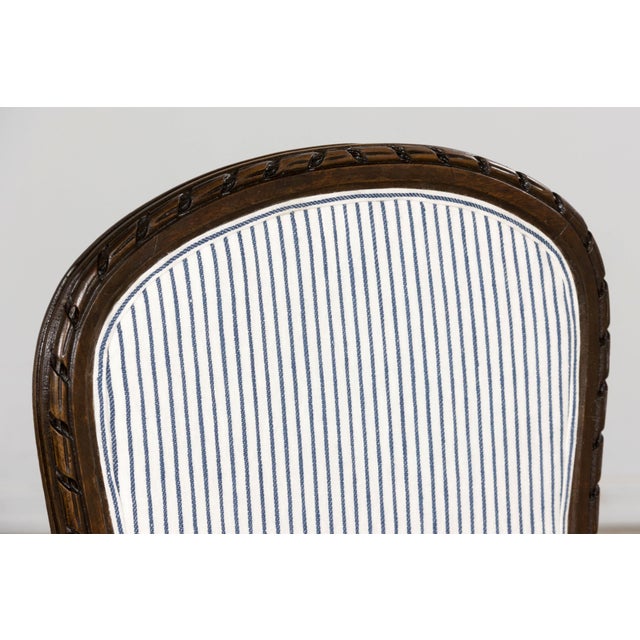Brown French Louis XVI Style Walnut Dining Chairs, Blue Striped Linen Upholstery – Set of 6 For Sale - Image 8 of 18