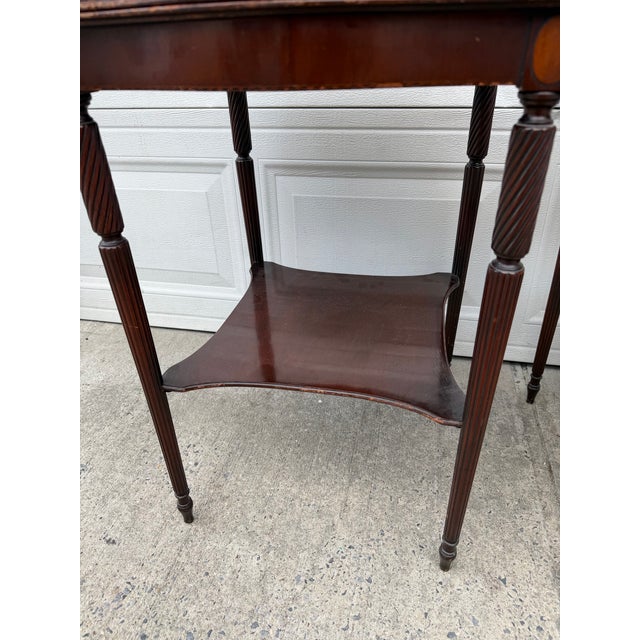 Pair of Vintage Hepplewhite Style Mahogany Side Tables With Pierced Galleries and Lower Shelves For Sale - Image 10 of 12