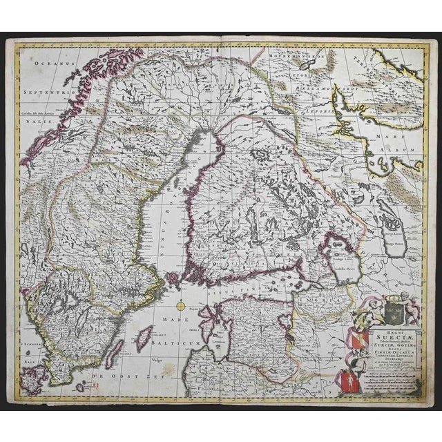 This double-page etching with contemporary coloring, entitled Regni Sueciae Tabula Generalis, was realized by the...