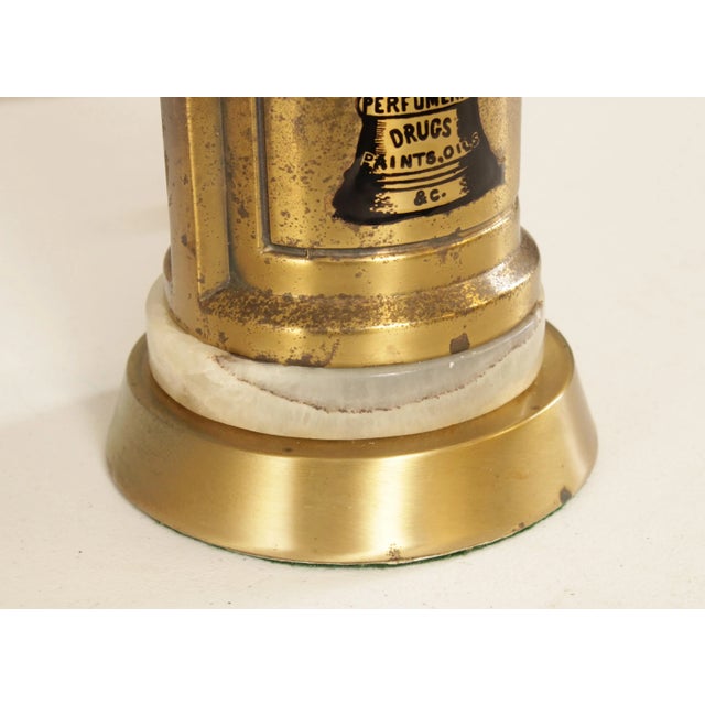 Industrial Vintage Lamp with 'Ure Medicines' Brass Canister Base and Onyx For Sale - Image 3 of 13