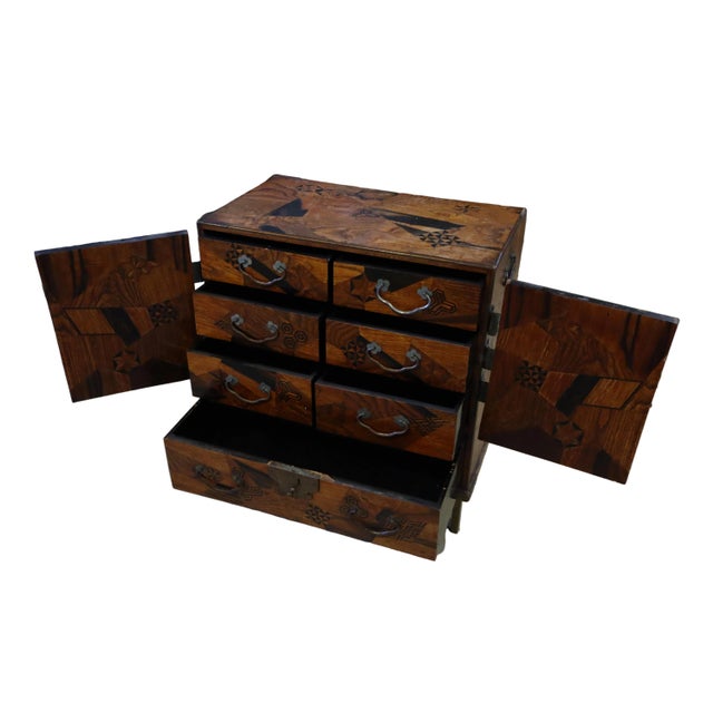 Japanese Wonderful Raised Japanese Cabinet Crafted With Geometrically Intricate Inlayed Wood and Hand Wrought Hardware For Sale - Image 3 of 12