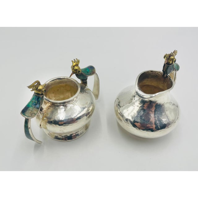 Metal 1950s Los Castillo Malachite-Inlaid Bird Creamer & Sugar Set, Taxco Mexico For Sale - Image 7 of 18