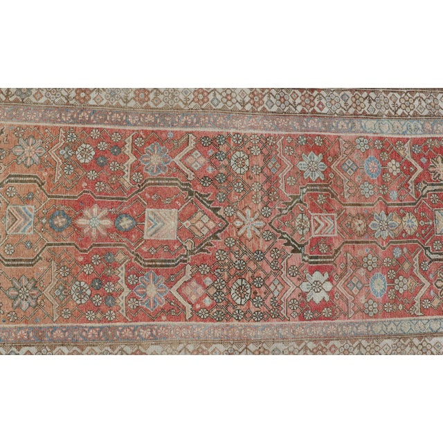 Malayer Antique Runner in Gray Blue, Coral, and Cream With All-Over Design 3'4 X 14'7 For Sale - Image 9 of 11