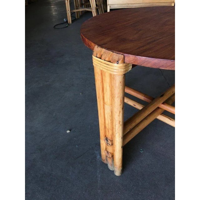 1950s Restored Round Rattan Coffee Table W/ Mahogany Top For Sale - Image 5 of 6
