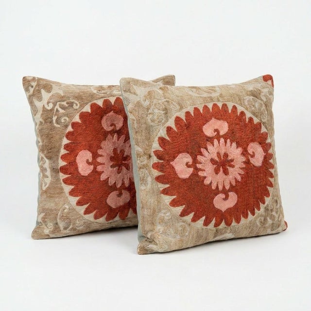 Mid-Century Modern Uzbek Cotton Suzani Pillow Cover 26'' X 28'' - Set of Two For Sale - Image 3 of 5