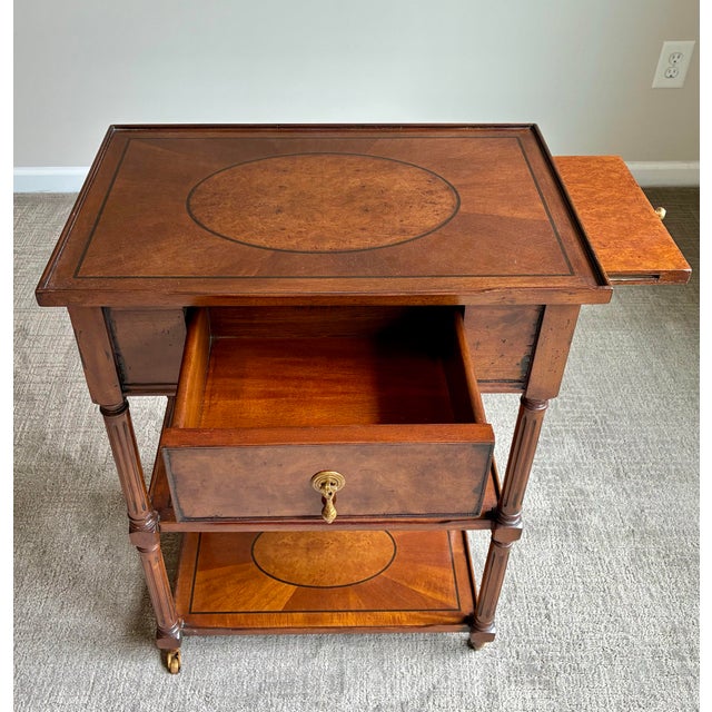 Wood Late 20th Century Traditional Inlaid Mahogany Occasional Table With Drawer & Brass Casters For Sale - Image 7 of 7