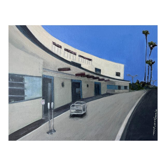 "LGB Streamline Moderne" Contemporary Impressionist Cityscape in Blue, Grays of Long Beach, Ca, Airport by Mill Valley Artist Mary Anne McKernie For Sale