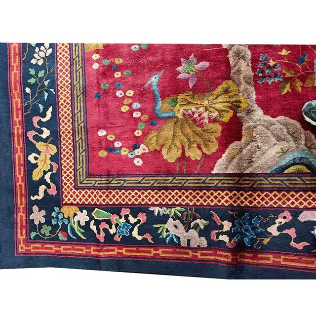 1920s Ruby Red Scene Floral Antique Chinese Art Deco Carpet 9' X 14' Knotted Wool Rug For Sale - Image 9 of 9