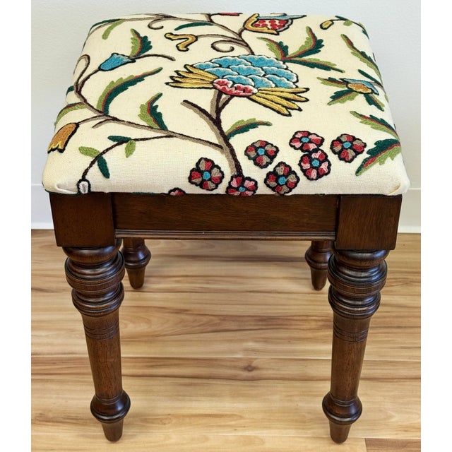 English Newly Upholstered Vintage Bombay Company Turned Wood Stool For Sale - Image 3 of 11