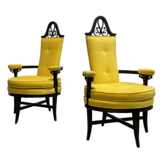 Pair - Custom Hollywood Regency High-Back Throne Chairs | Canary Yellow Velvet Upholstery – Mid Century Accent Seating For Sale