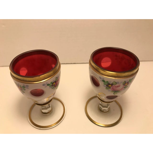 Rustic European Set of 2 Vintage Czech Bohemian Moser Cordials White Enamel Cut to Cranberry For Sale - Image 3 of 7