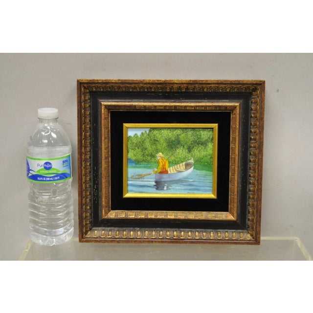 Daniel Belliard Enamel on Copper Small Framed Painting Fisherman in Boat on Lake. Item features enamel on copper painting,...