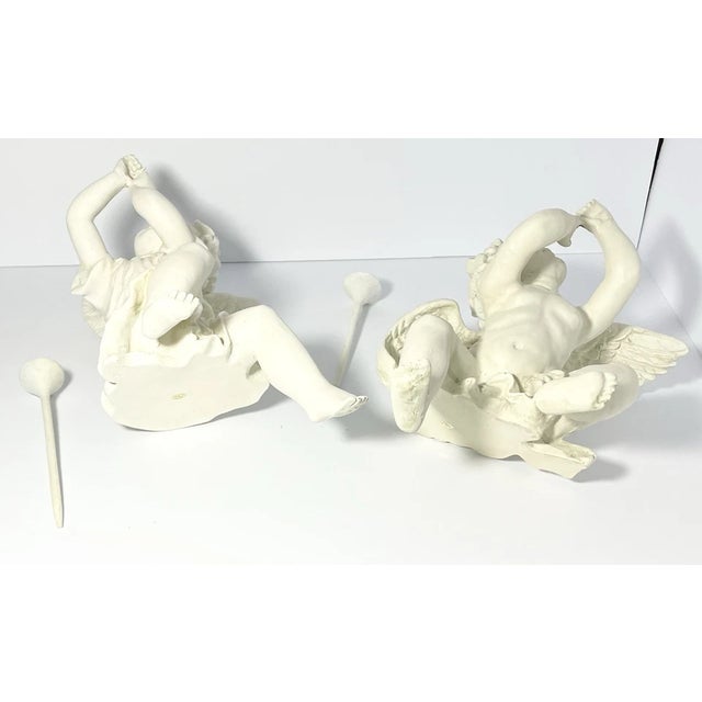 White Vintage Pair of Resin Stone Sitting Shelf Cherub Angel Herald Figurines For Sale - Image 8 of 9