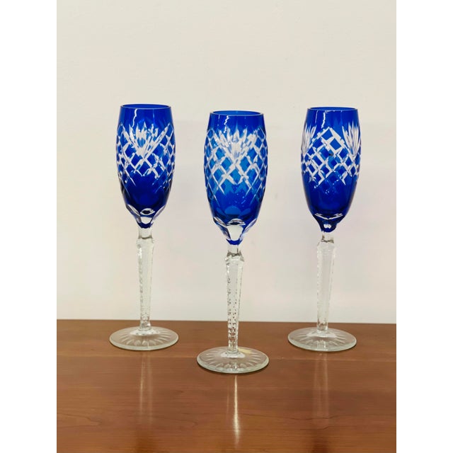 Mid-Century Modern Mid 20th Century Hungarian Cobalt Blue Crystal Champagne Flutes- Set of 3 For Sale - Image 3 of 3
