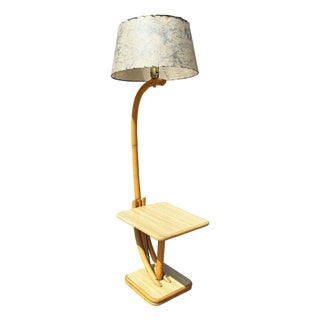 1950s Rare Restored Two-Tier Rattan Floor Lamp W/ Built-in Formica Top Side Table For Sale
